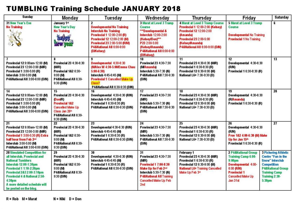 January Tumbling Schedule - Oakville Gymnastics