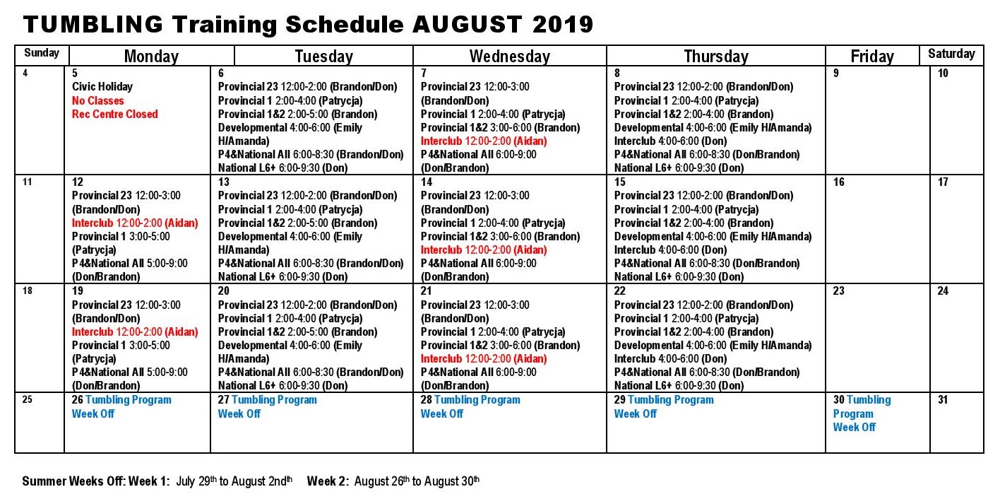 Summer Tumbling Schedules July/August - Oakville Gymnastics