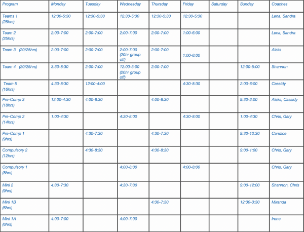 WAG Fall Schedule - Oakville Gymnastics