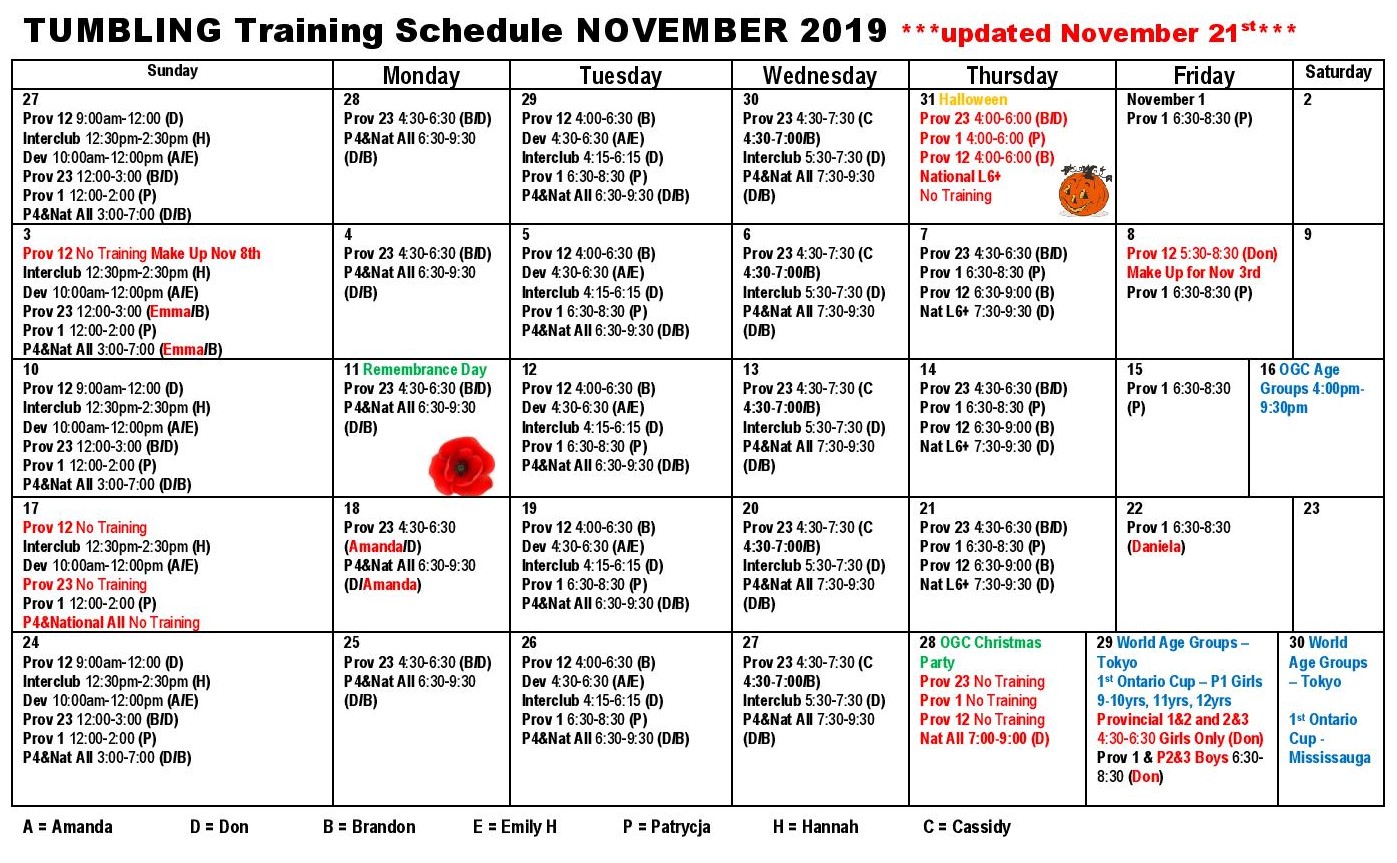 November Tumbling Schedule UPDATE - Oakville Gymnastics