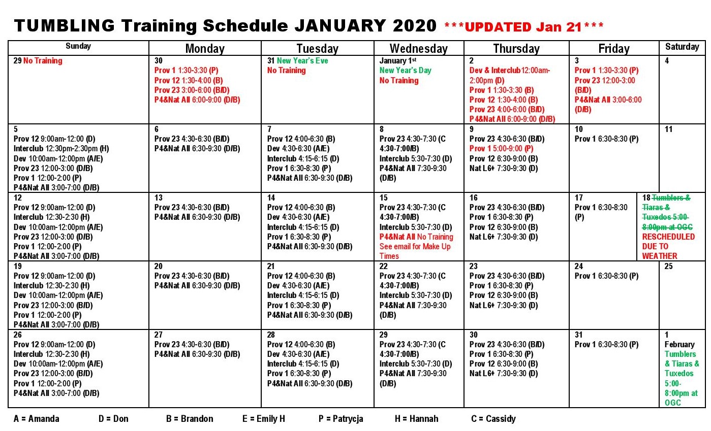 January Tumbling Schedule - Oakville Gymnastics