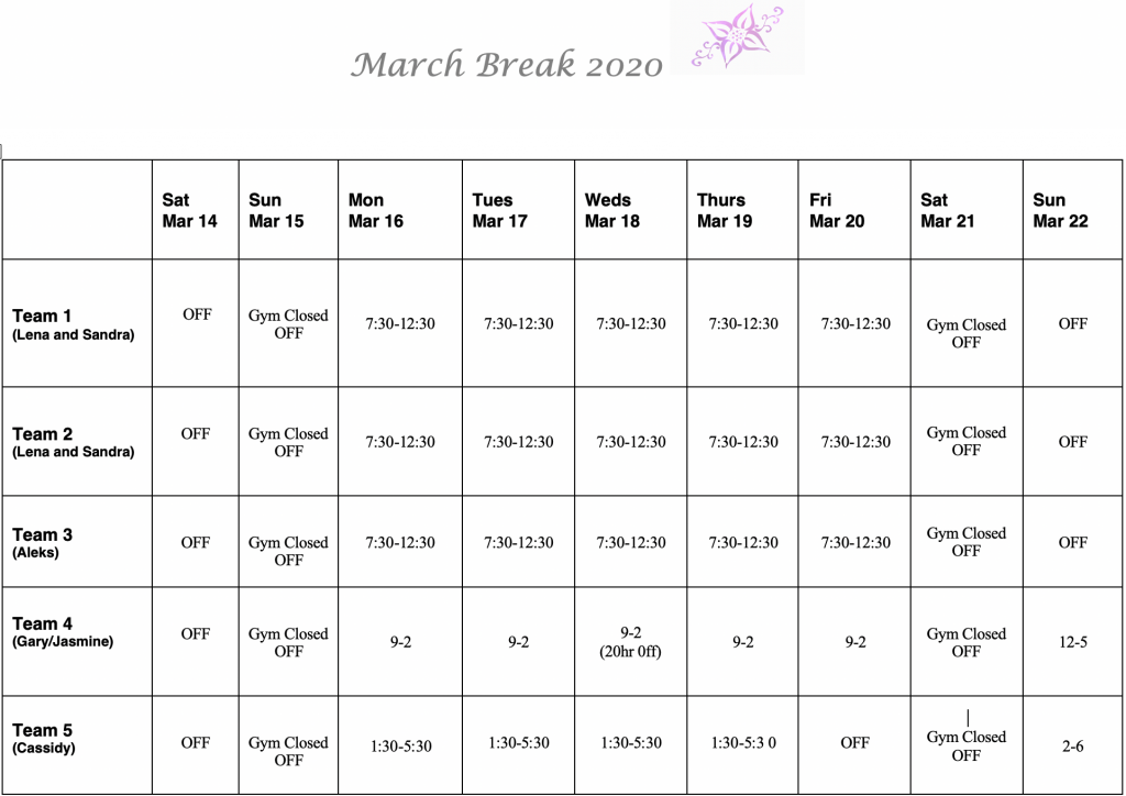 March Break Schedule Oakville Gymnastics