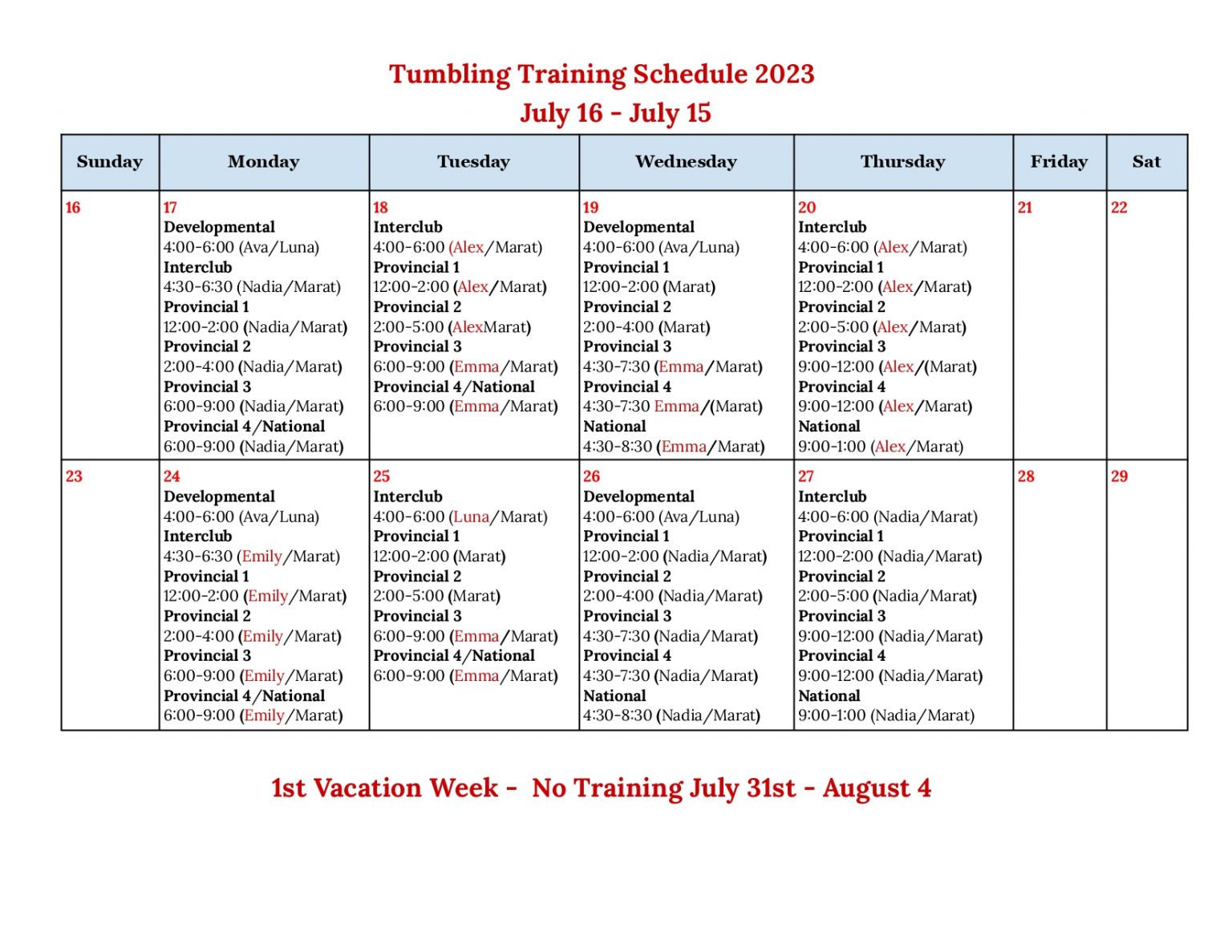 Tumbling Schedule 16th July Oakville Gymnastics