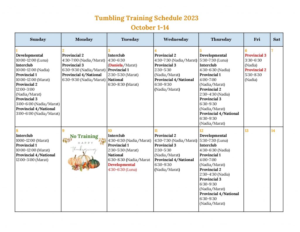 Tumbling Training Schedule 2023 October 114 Oakville Gymnastics