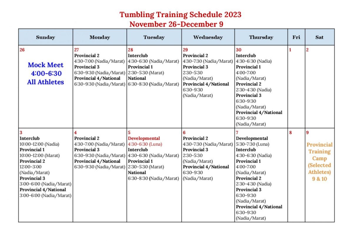 Tumbling Training Schedule 2023 November 26December 9 Oakville