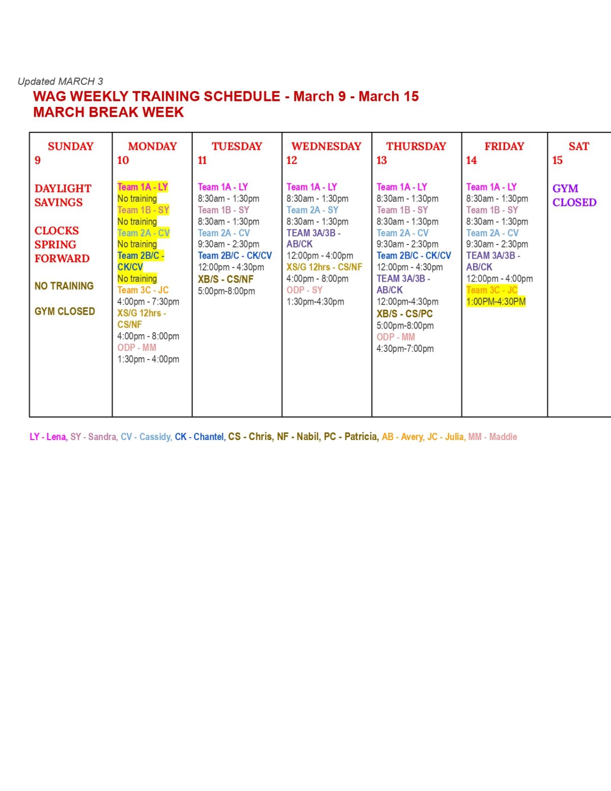 WAG WEEKLY TRAINING SCHEDULE - March 9 - March 15 MARCH BREAK WEEK ...