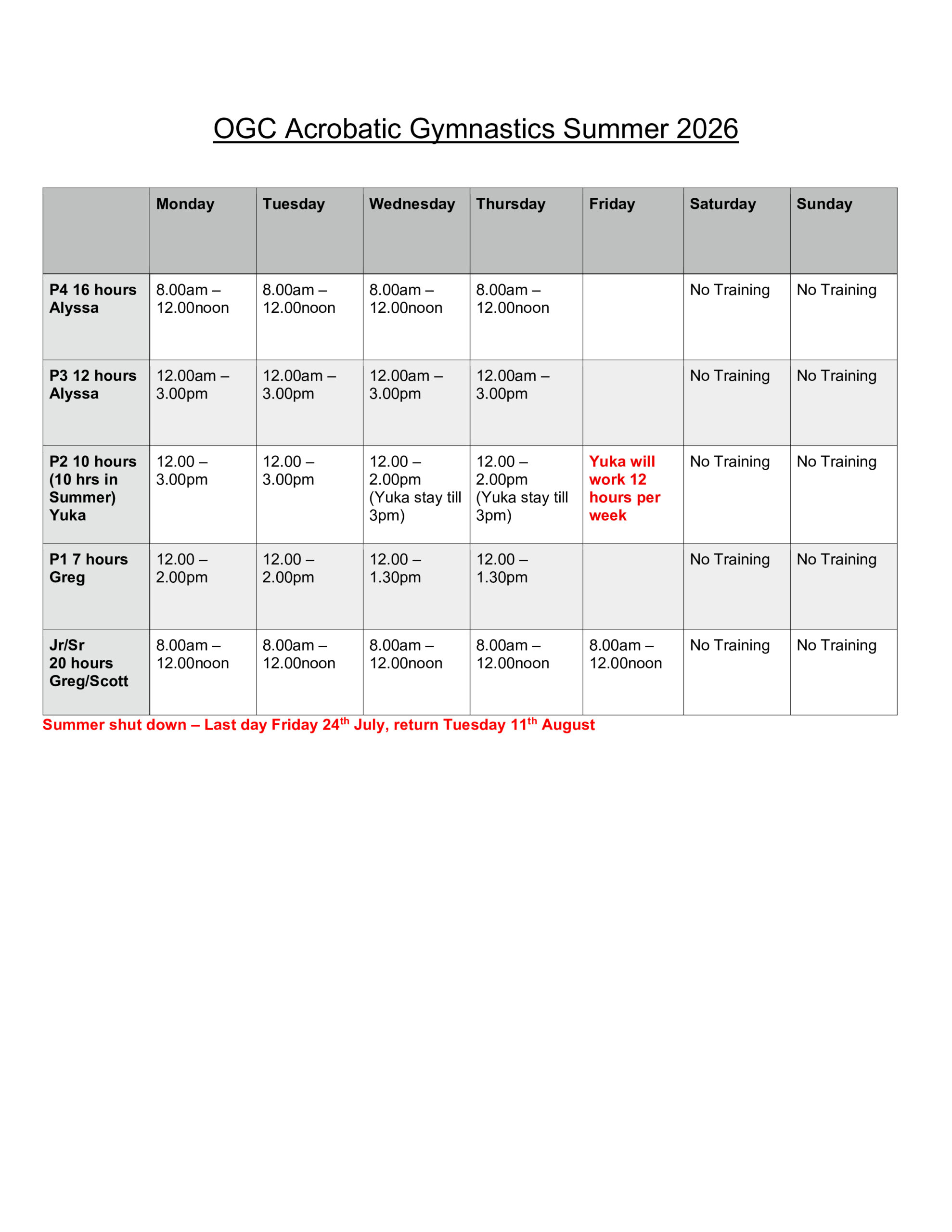 NEW ACRO SUMMER Schedule 2026